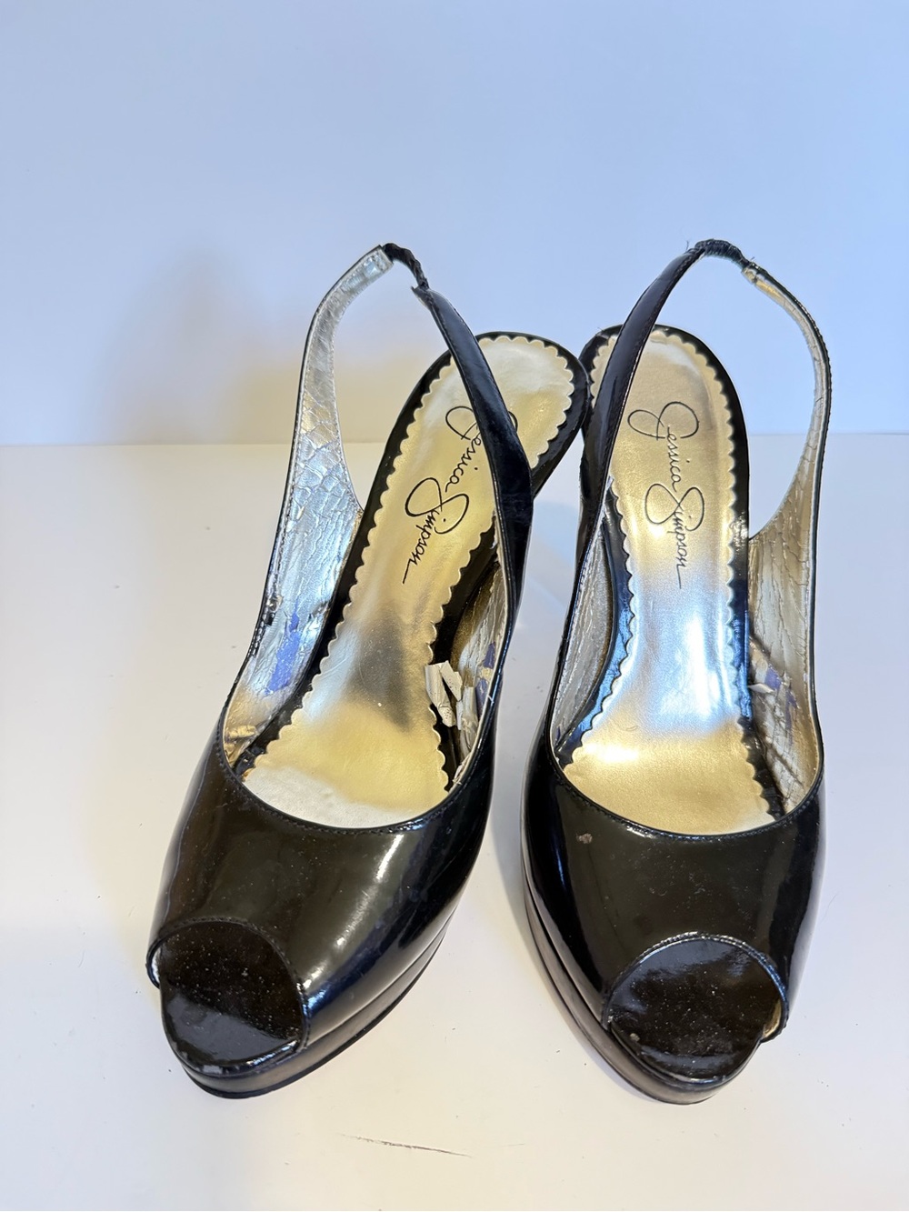 Jessica Simpson Black Patent Peep-Toe Slingback Pumps